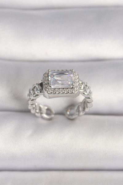 Skygo Brass Silver Color Adjustable Chain Square Zircon Stone Women's Ring - Tj-Byk3583