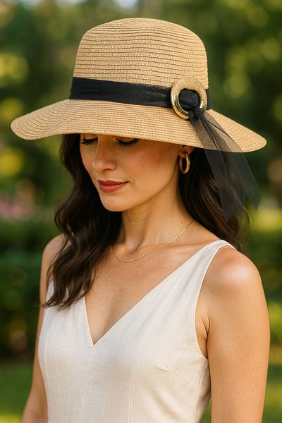 LAGRANZE Bow Tulle Detailed Straw Women's Hat