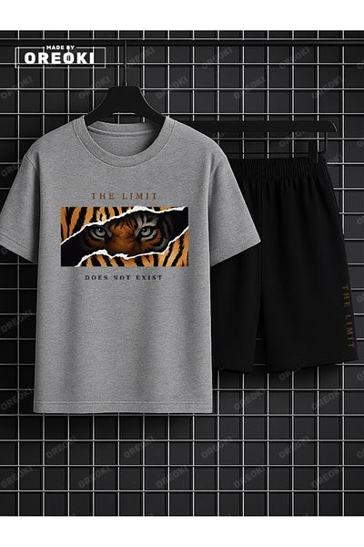 EFFRENATU No Border Tiger Printed Cotton Men's Gray T-Shirt-Black Shorts Set