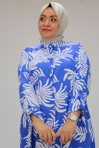 Eslina 58089 Large Size Dominant Collar Double Button Patterned Viscose Shirt - Palm D. Saks