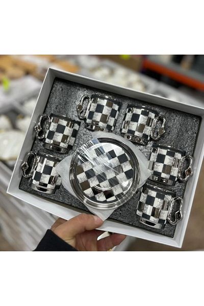 hinezahome Silver Checker Cup Set for 6 People