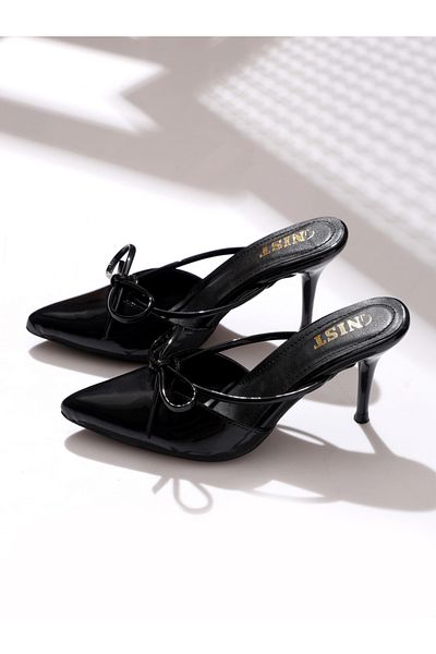 GNIST By Styli Plain Pointed Toe Stiletto Heel Mules with Bow Detail