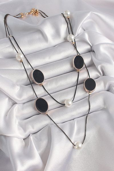 Skygo Brass Black Color Chain Multiple Women's Necklace with Pearl Detail - Tj-Bko9621