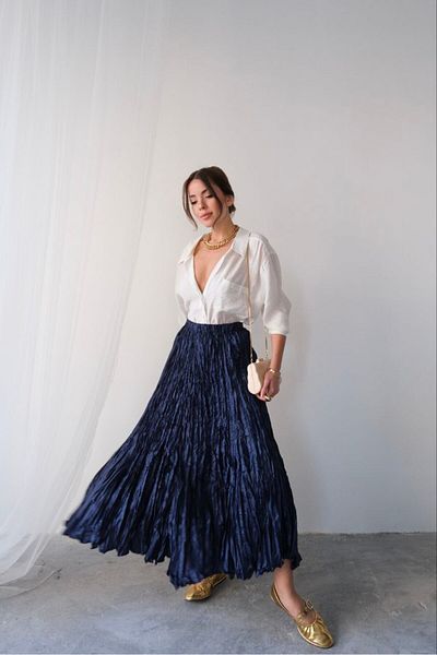 PİNK FLY Fusta maxi boemă pliată din satin lucios, importată, bej, pentru femei, cu talie înaltă, design elegant și confortabil