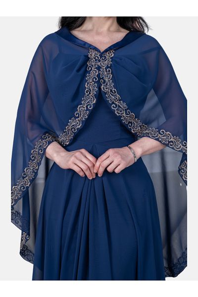 Nice Model Elegant Navy Blue Chiffon Gown with Lace Detail–Long Evening Dress for Weddings & Special Occasions