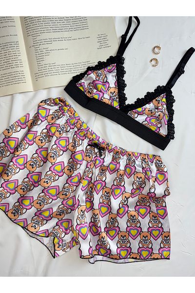 ROZENİN LINGERIE Patterned Satin Bralet Shorts Pajama Set