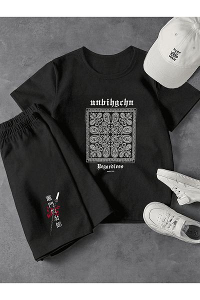 Frisson Unisex Cotton Crew Neck Casual T-Shirt / Shorts Set "Text" Printed