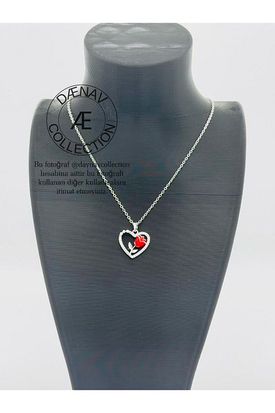 Daynav Silver Color Necklace with Heart Rose Motif – 45 cm