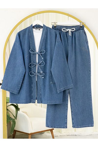 Modamorfo Jeans Kimono Suit with Tie Front Pockets and Trousers - Dark Blue