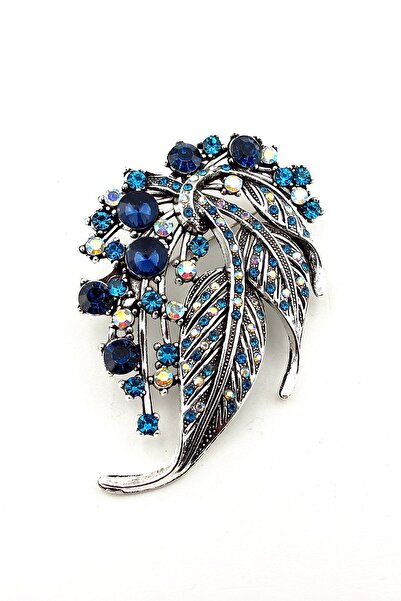 Solfera Mavi Sarmaşık Yaprakları Zirkon Taşlarla Süslü Büyük Boy Metal Broş RZ435