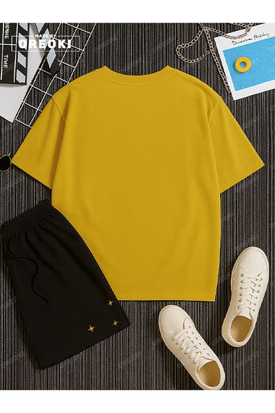 EFFRENATU Jupiter and Little Stars Printed Cotton Unisex Yellow T-Shirt-Black Shorts Set