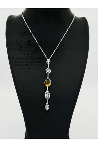 Daynav Silver Color Y Necklace with Yellow Stone Detail – 60 cm