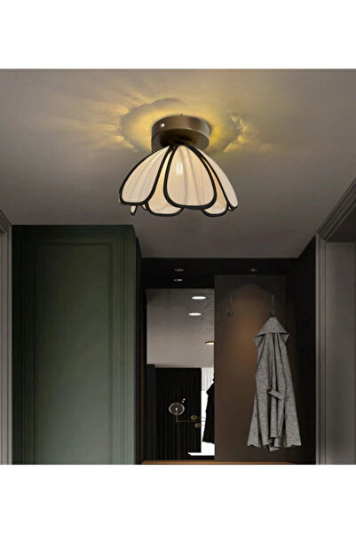 Fico Home Modern Tasarım Rose Çiçek Plafonyer Tavan Avize Siyah Gövde Ekru Kumaş