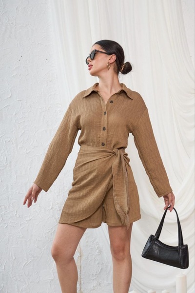 KEYMOOD Camel Krinkıl Bağlamalı Tulum Şort Elbise