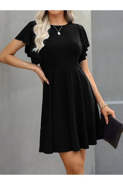Monapera Crew Neck Ruffle Short Sleeve Mini Flared Dress