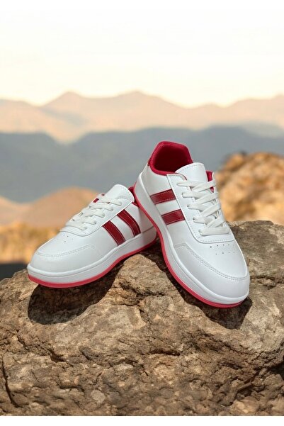 Trendova Beyaz-Kırmızı İki Bantlı Unisex Günlük Hafif Taban Sneaker Spor Ayakkabı