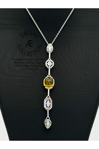 Daynav Silver Color Y Necklace with Yellow Stone Detail – 60 cm