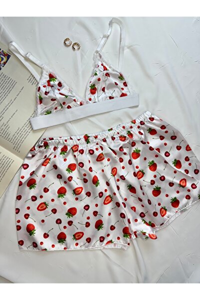 ROZENİN LINGERIE Patterned Satin Bralet Shorts Pajama Set