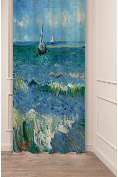 GREENDECOR Cortina de fundal digitală cu imprimeu (cu o singură aripă) cu model de pictură faimoasă de Van Gogh, val și val de barcă cu pânze