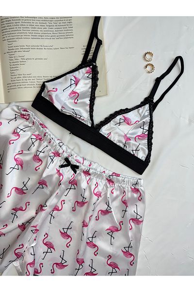 ROZENİN LINGERIE Patterned Satin Bralet Shorts Pajama Set