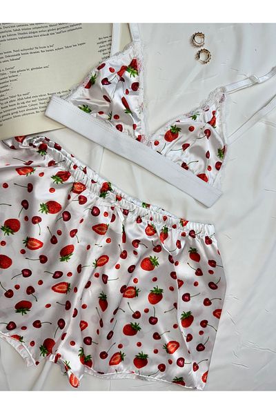 ROZENİN LINGERIE Patterned Satin Bralet Shorts Pajama Set