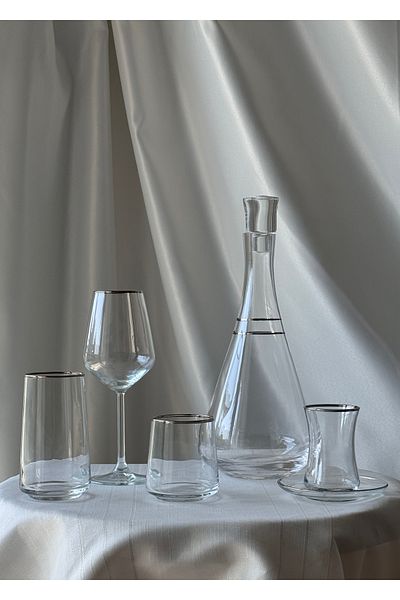 Şahika Kristal cama atılan imza 61 Piece Vera Platinum (Silver) Glass Cup Set for 12 People Dowry Water Set Tableware