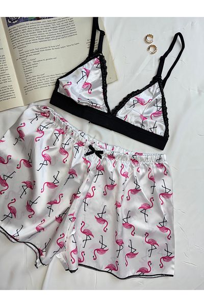 ROZENİN LINGERIE Patterned Satin Bralet Shorts Pajama Set