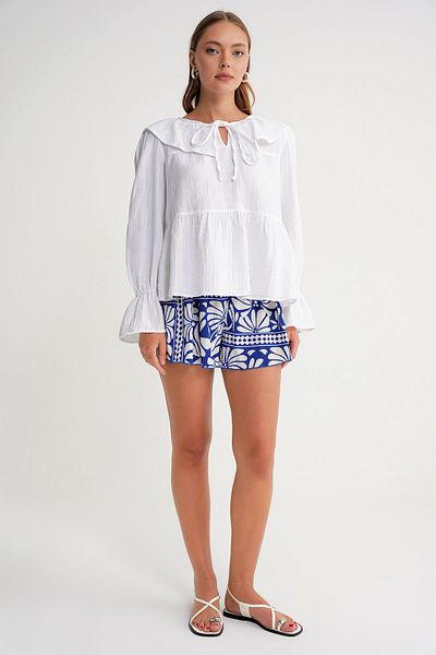 Mixray 4714 Women's Flounced Collar Loose Muslin Blouse White
