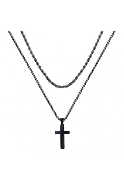 Tessero Set of two Rope Chain necklaces with cubic design and cross pendant, stainless steel