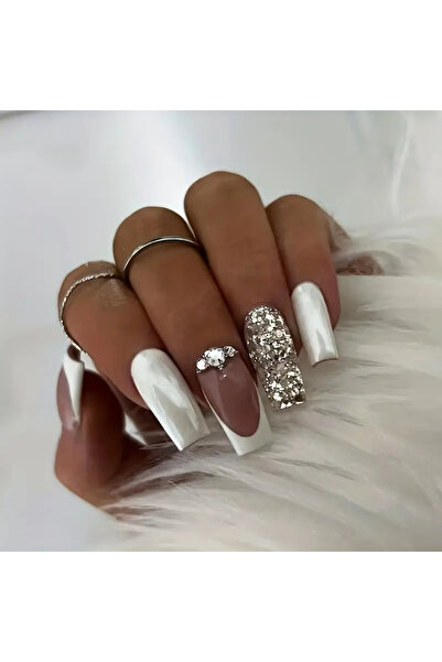 NAİL ART 24 Adet Simli Taşlı Gümüş Renkli Takma Tırnak Seti