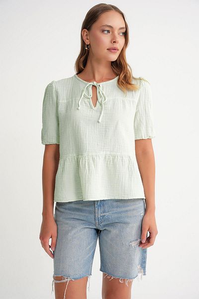 Mixray 4715 Women's Tie Collar Short Sleeve Muslin Blouse Sage