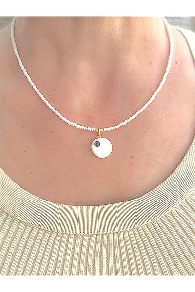 Quella Takı Lak Coated Plate Evil Eye Bead Gold Necklace