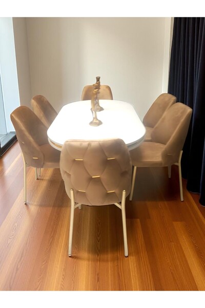 NUNKA HOME Açelya Gold 6 Kişilik BabyFace Salon & Mutfak Masa Takımı Mdf Lak Panel