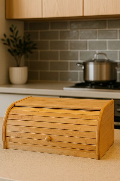 Makri Natural Wood Bamboo Bread Bin, Wooden Bread Basket with Sliding Lid, Bamboo Bread Box (40 X 17 X 27 cm)