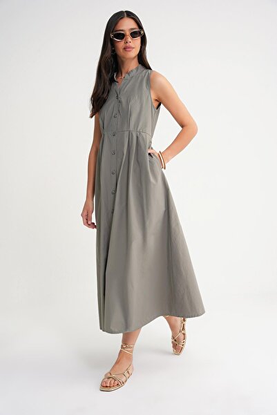 Mixray 4702 Kadın Pileli Gömlek Elbise Haki