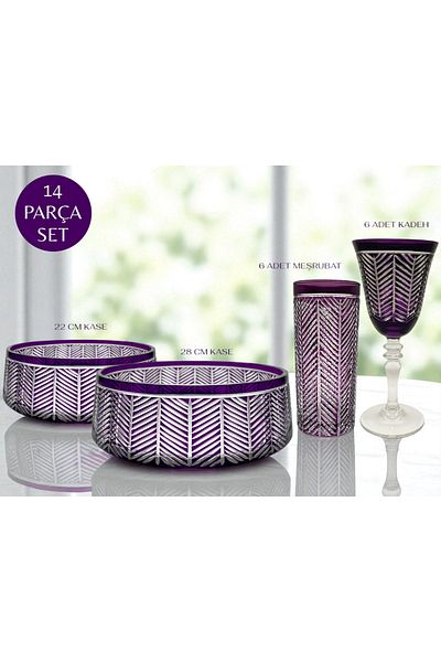 Akden Kristal Crystal Cutting Decor Hand Made Bowl&Cup Tableware Set