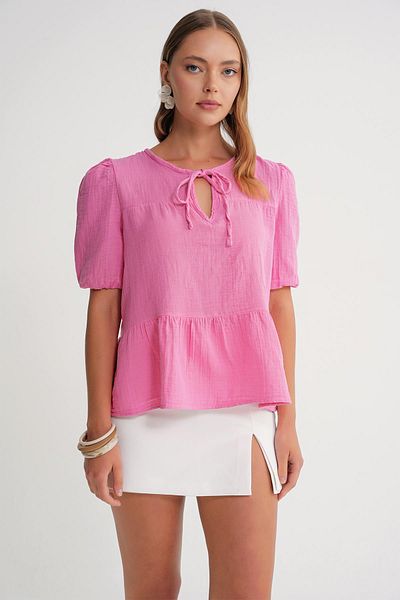 Mixray 4715 Women's Tie Collar Short Sleeve Muslin Blouse Pink