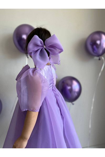 Sare Çocuk Giyim Princess Lilac Girls' Dance Dress, Bow Collar Purple Ceremonial Evening Dress + Buckle