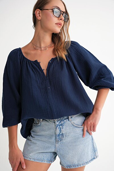 Mixray 4707 Women's Gathered Collar Sleeve Elastic Loose Muslin Blouse Navy Blue