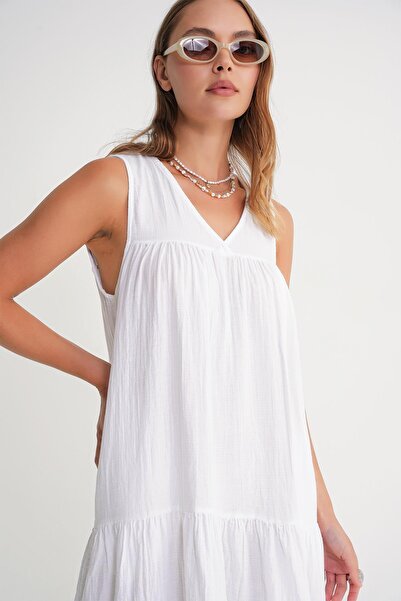 Mixray 4673 Women's Drawstring Detailed Muslin Dress White