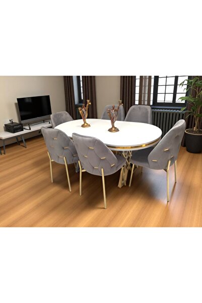 NUNKA HOME Açelya Gold 6 Kişilik BabyFace Salon & Mutfak Masa Takımı Mdf Lak Panel
