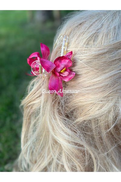 QUEEN AKSESUAR Trend Exotic Artificial Lilies Orchid Flower Transparent Hasp Buckle Transition Fuchsia Pink White