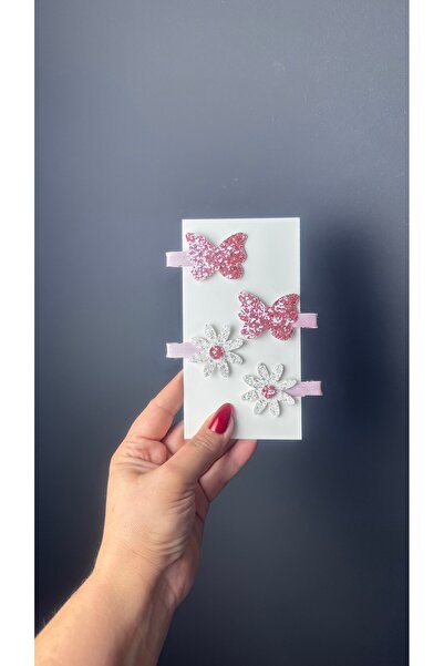 Toka Perisi Pembe Glittery Kelebek Papatya Klips Toka Seti (metal klipsler ya...