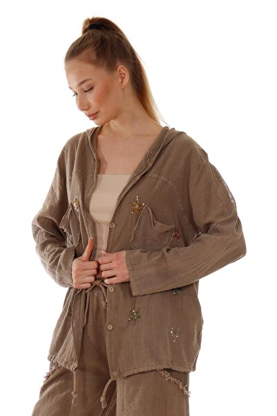shE tekstil سترة قميص بقلنسوة مرصعة بالنجوم باللون البني
