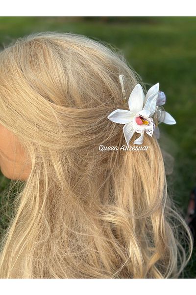 QUEEN AKSESUAR Trend Exotic Artificial Lilies Orchid Flower Transparent Hasp Buckle Transition White