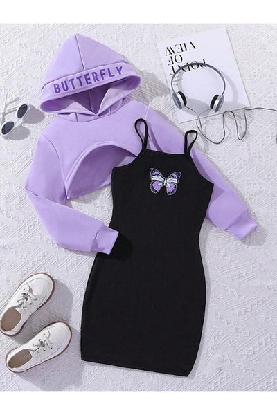 NoVibe Kids Butterfly Printed Dress & Crop Sweatshirt 2 Piece Combo