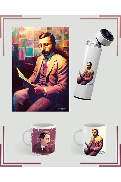 ZERYA Mug Poster and Thermos Celadet Ali Bedirxan - Celadet Ali Bedirhan Set (2 Mugs 1 Thermos 1 Poster)