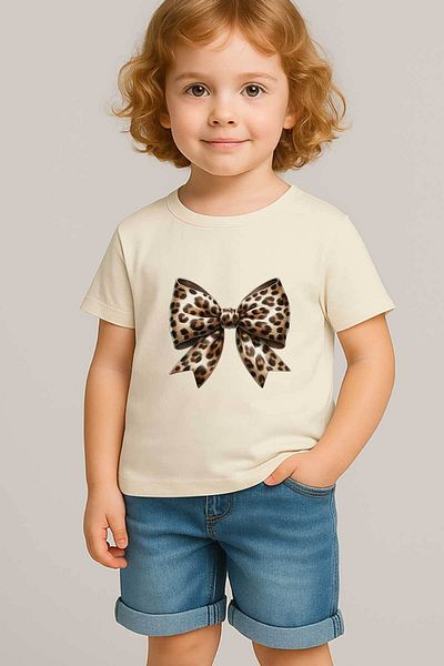 peki baby&kids Well Yaz Girl's Single Jersey Leopard Ribbon T-Shirt 19600