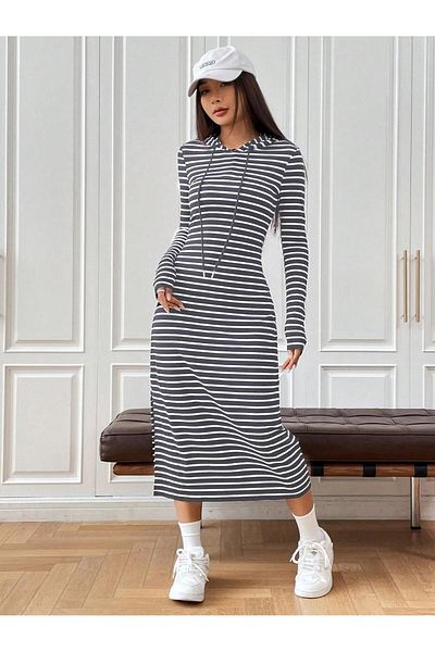 NoVibe Women's Long Sleeve Striped Hooded Midi Slit Dress / Tunic