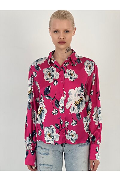 Miss Poem Women's Floral Patterned Balloon Sleeve Fuchsia Shirt
